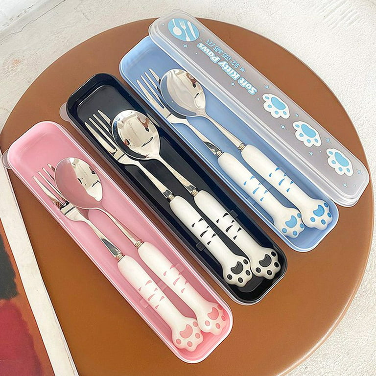 oneZHI Cartoon Kitty Utensils Set Includes Reusable Stainless Steel Fork  Spoon Chopsticks And Cute Cat Carrying Case Durable
