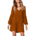thumbnail image 2 of Women's Casual Swing Dress Long Sleeve V Neck Flutter Lantern Sleeve Loose Dresses Brown Large, 2 of 6