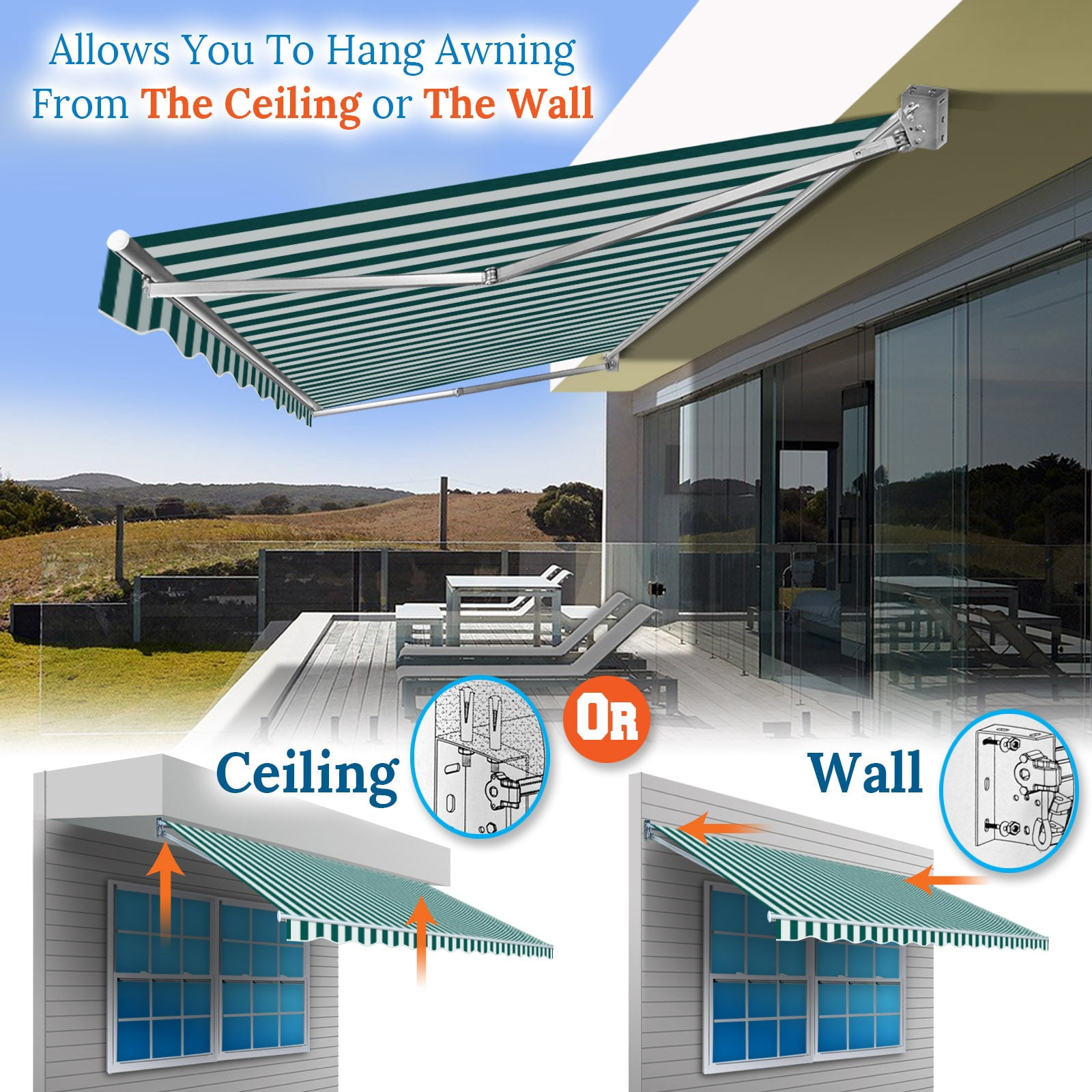 SUNNYOUTDOOR 8x6.5 FT Patio Awning Retractable Outdoor Sun Shade Manual Patio Deck Awning Heavy Duty Awning (Green with white)