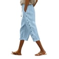 thumbnail image 2 of Linen Pedal Pushers for Women Lightweight Summer Side Buttons Linen Capri Pants Casual Elastic Waist Gauze Pants Sky Blue S, 2 of 7
