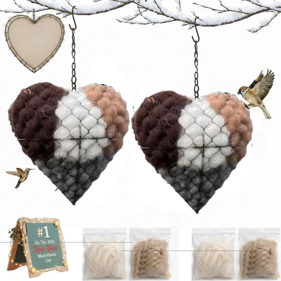 2PCS Handmade Alpaca Fiber Bird Nesting Heart,Alpaca Fiber Bird Material House,Wool Nest Starter Hummingbird Houses Nester Winter Shelter Nature for Garden Art Birdhouse Outside Gifts for Birds Lover