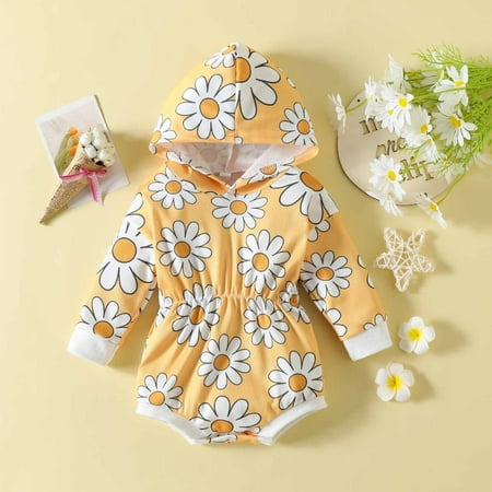 

Leutsin Autumn Spring Baby Girls Boys Floral Printing Hooded Romper Long Sleeve Button Sweatshirt Jumpsuits