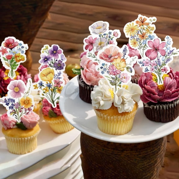36-piece Watercolor Floral Cake Topper Picks 9 Styles Dessert Decoration Small Cards Party Use