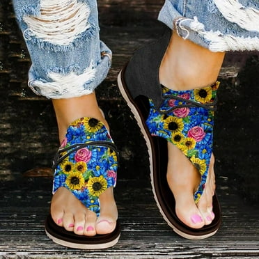 LoyisViDion Womens Sandals Clearance Women Summer Clip-Toe Sunflower Shoes Zipper Comfy Flats Casual Beach Sandals Blue 9(42)