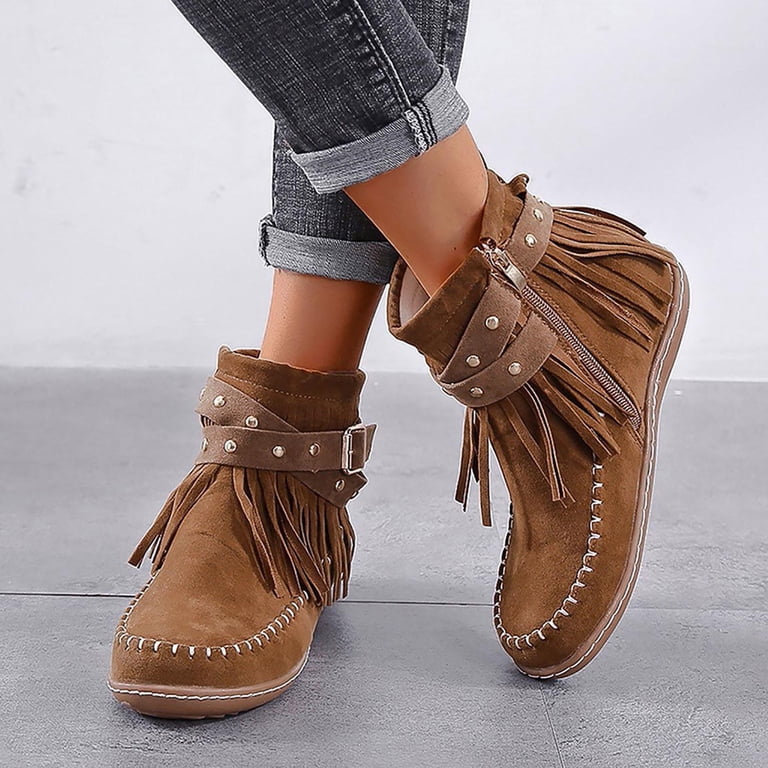 KozDyko Women’s Faux Suede Knee High Boots – Fringe Tassel Flat Boots, Round Toe Pull-On Boots