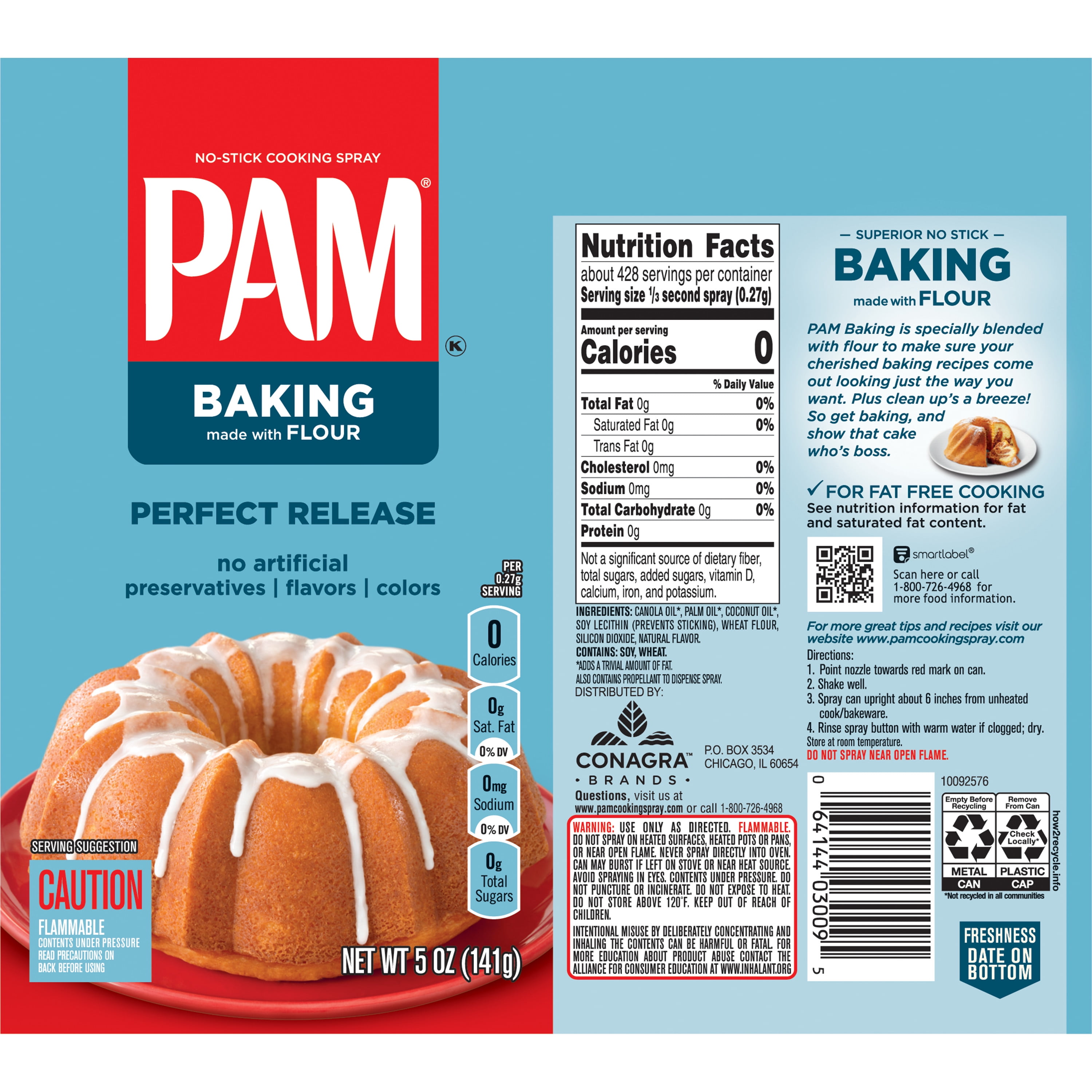 3 PAM Made with Real Flour BAKING Non-Stick Cooking Spray Fat-Free Cooking