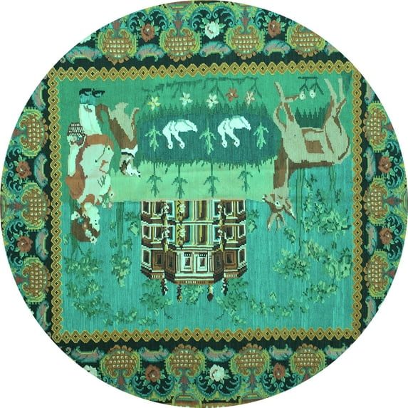 Ahgly Company Machine Washable Indoor Round Medallion Turquoise Blue French Area Rugs, 3' Round
