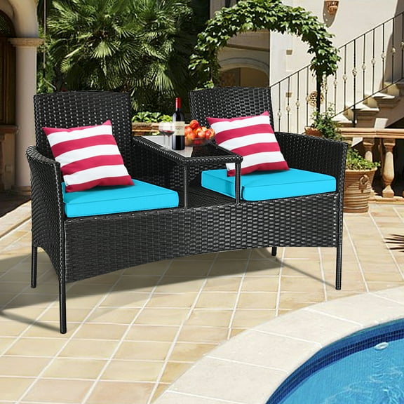 Gymax Rattan Wicker Patio Conversation Set w/ Table Turquoise Cushion