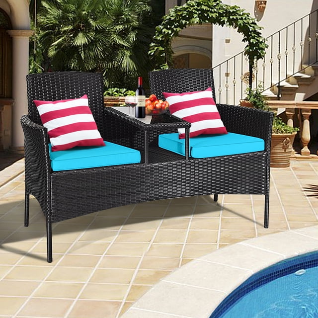 Gymax Ensemble de Conversation pour Patio en Rotin Osier avec Table Coussin Turquoise