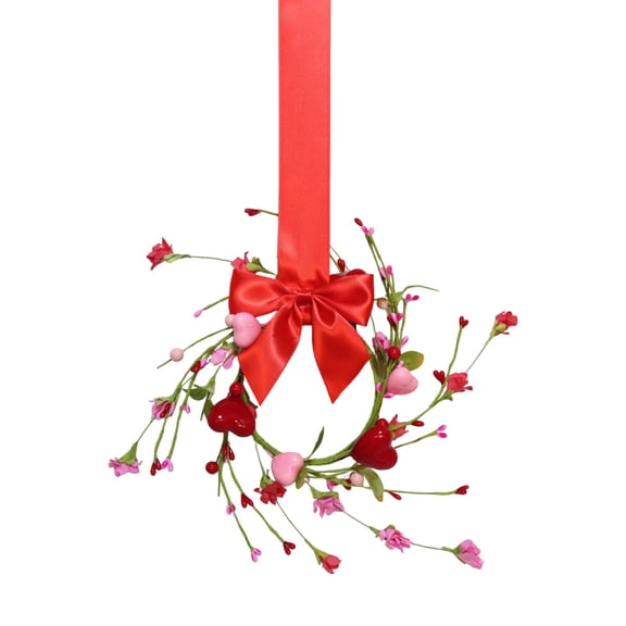 Valentines Day Wreath for Cabinet Front Door, Ngxiha 3In Red Pink Heart Wreath with Artificial Hearts & Berries, Valentines Day Bow Wreaths for Wedding Window Home Wall Indoor Decor