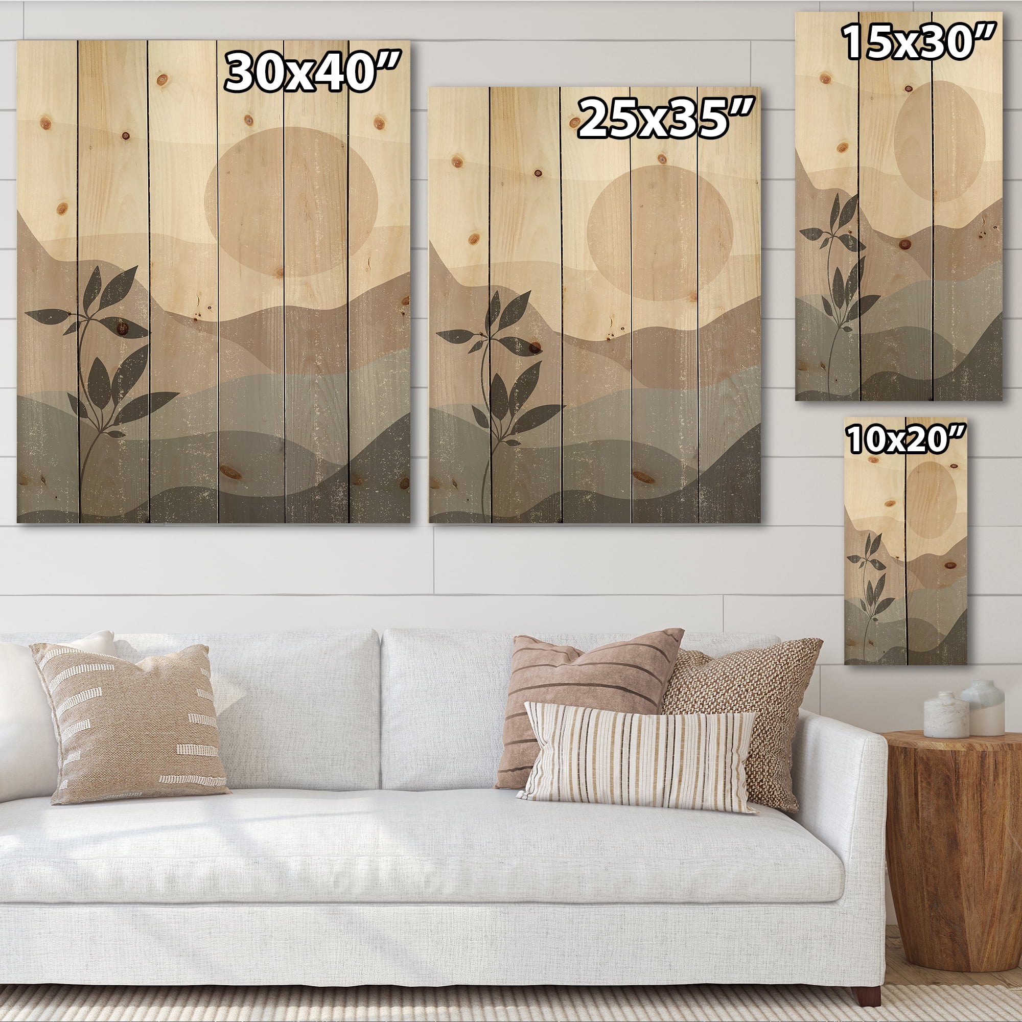 Designart 'Minimalist Sunset Over Mountain Landscape' Modern Print on Natural Pine Wood