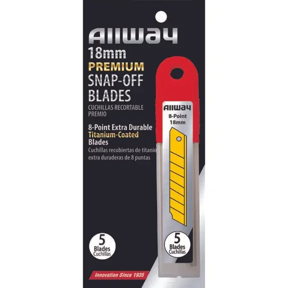 18mm Allway SB18-5T Red/Black B-Series Carded, Extra Durable Titanium 8-Point Snap Blade with Safety Holder Dispenser, 5 Blade Pack