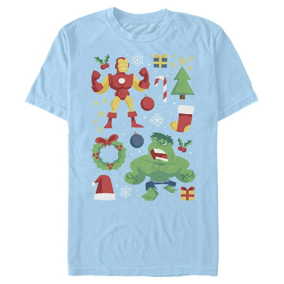 Men's Marvel Christmas Iron Man & Hulk Cheer Graphic Tee Light Blue Small