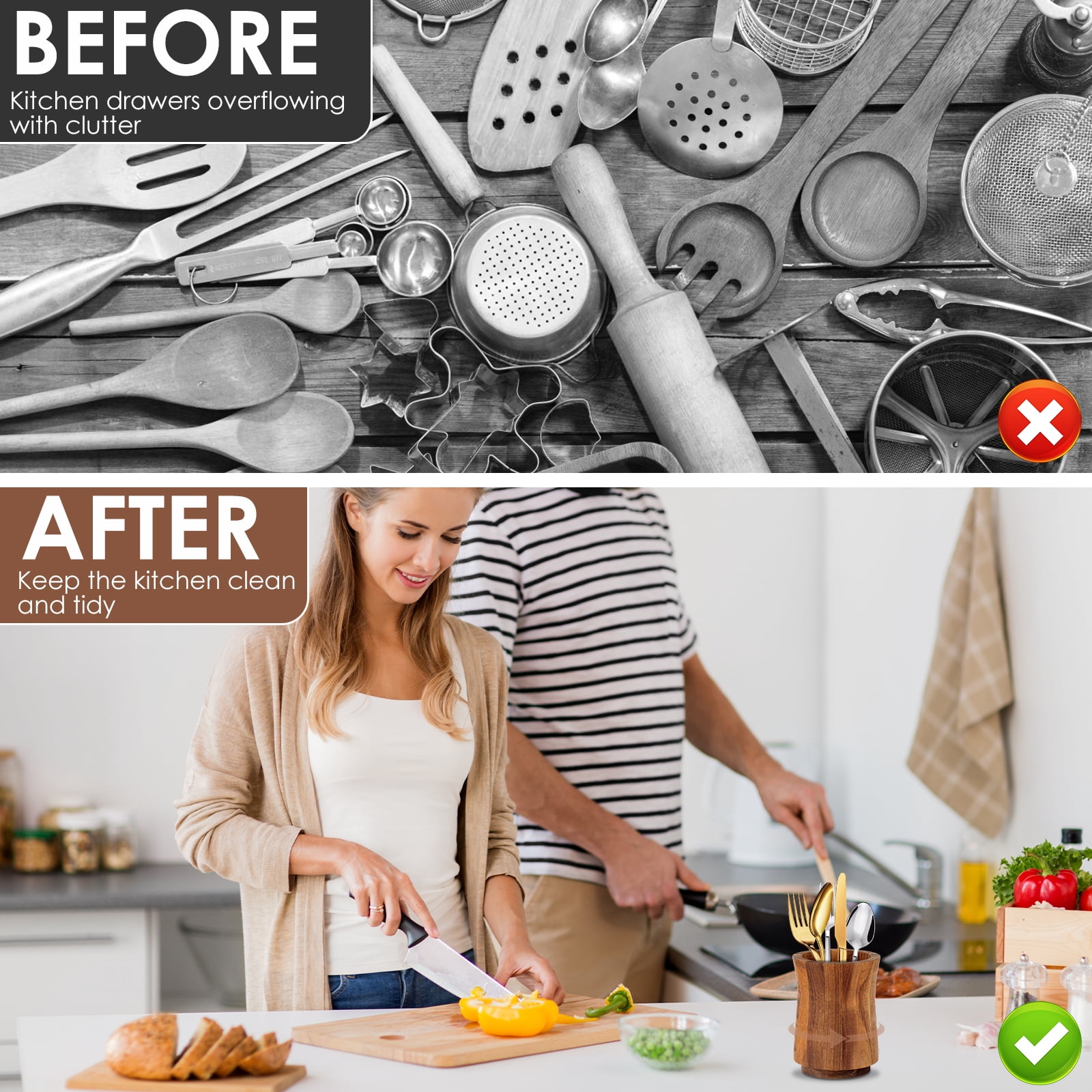 NUAHRHY 5.83" Utensil Holder, 360° Rotating Cooking Utensil Crock for Countertop, Acacia Wood Cooking Tool Organizer for Kitchen Counter Spatula Storage, Natural Kitchen Decor