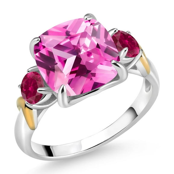 Gem Stone King 925 Silver and 10K Yellow Gold Pink Created Sapphire and Red Created Ruby 3 Stone Ring for Women (5.30 Cttw, Gemstone September Birthstone, Cushion 10MM, Round 4MM, Size 7)