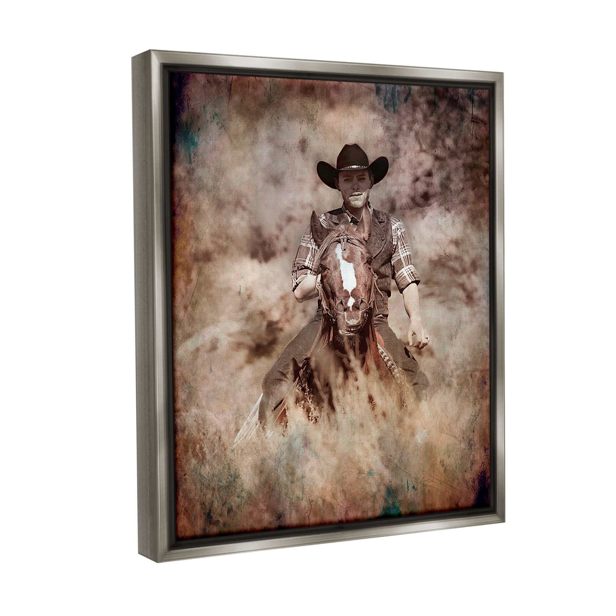 Stupell Industries Galloping Cowboy Portrait Animals & Insects Painting Gray Floater Framed Canvas Art Print Wall Art, 17 x 21