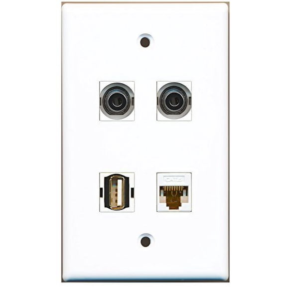 RiteAV - 1 Port USB A-A 2 Port 3.5mm 1 Port Cat6 Ethernet White Wall Plate
