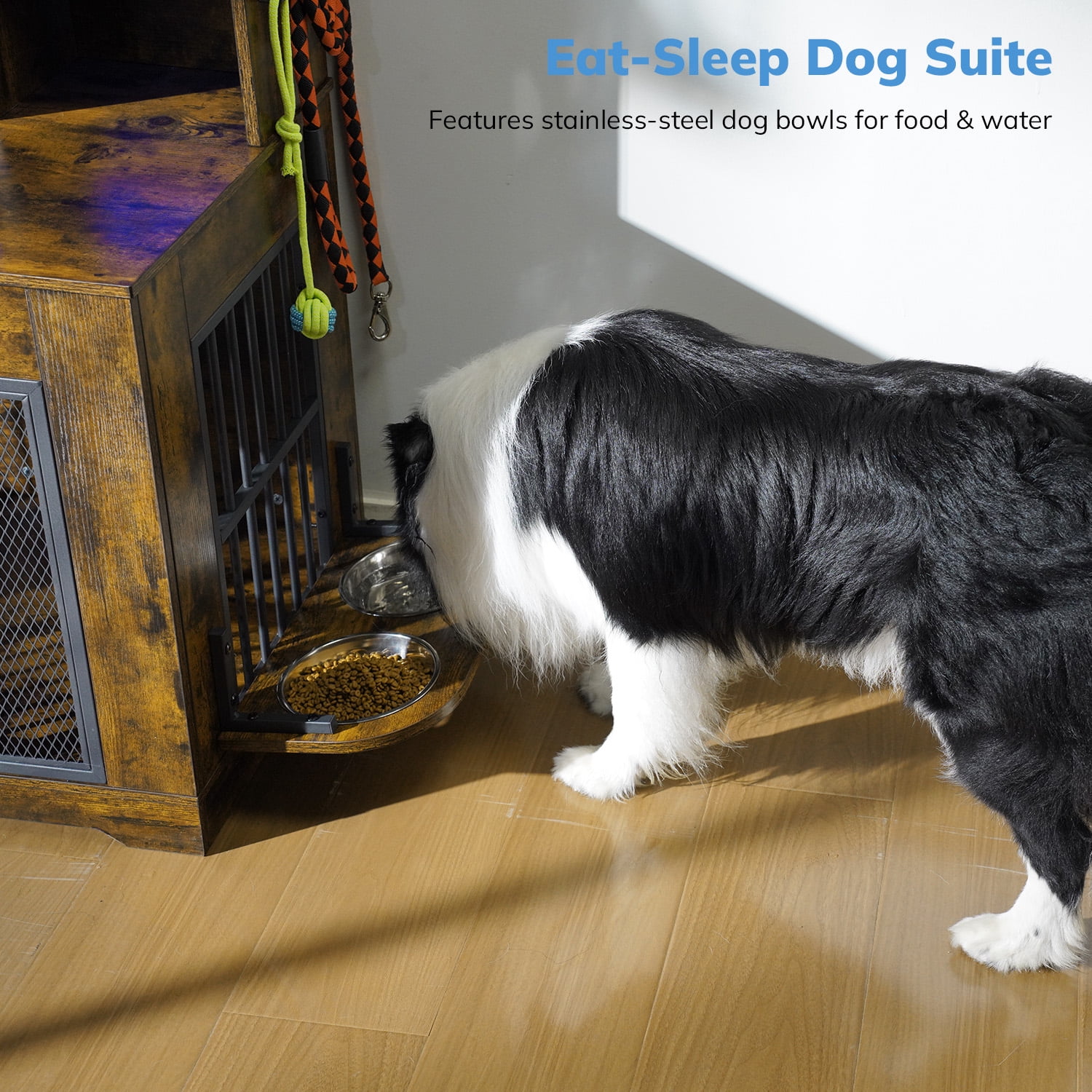 Behost 34" Dog Crate Furniture for Small /Medium Dogs with LED Light Feeding Bowls, Dual-Layer Storage, Decorative Dog Kennel for Indoor ,Rustic Brown
