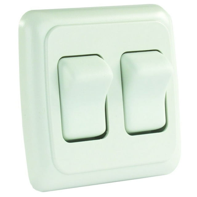JR Multi Purpose Switch 12015 Double Switch; Single Pole Single Throw SPST; Rocker; 1.625 Inch x 2.437 Inch Cutout; Non-Lighted; White; With Bezel