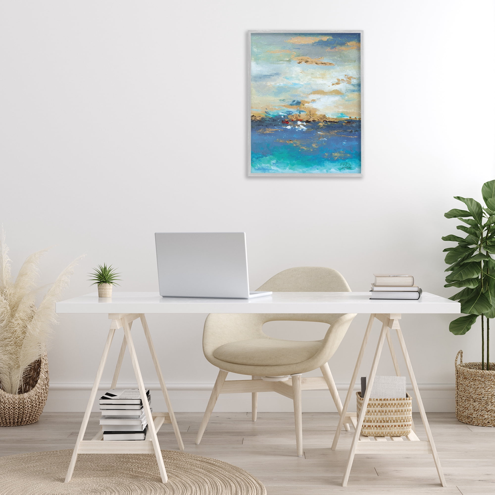 Stupell Industries Ocean View with Tan Accents Abstract Painting Gray Framed Art Print Wall Art, 24 x 30
