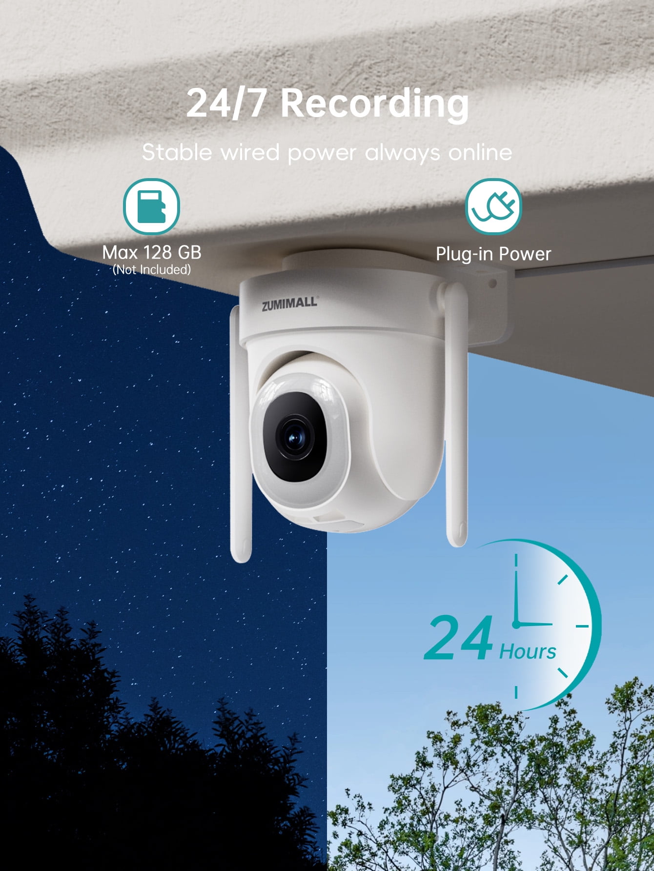 ZUMIMALL 2 Pack 5MP Wired Security Camera, 360° PTZ Auto Tracking, 2.4/5GHz WiFi, Indoor Outdoor, 24/7 Recording, White