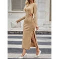 thumbnail image 6 of Women'S Bodycon Maxi Dress Mock Neck Side Slit Fall Long Sleeve Ruched Long Dress Khaki L, 6 of 9