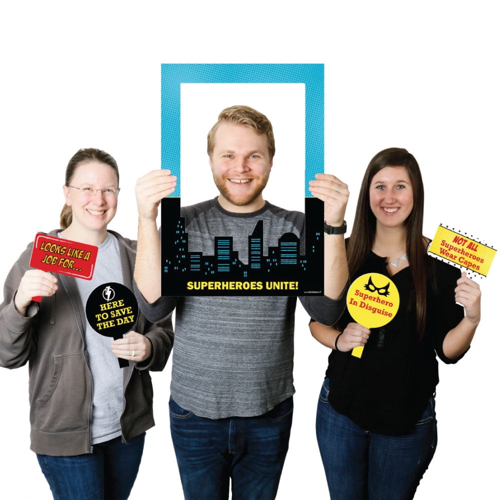 BAM! Superhero - Birthday Party or Baby Shower Selfie Photo Booth Picture Frame & Props - Printed on Sturdy Material