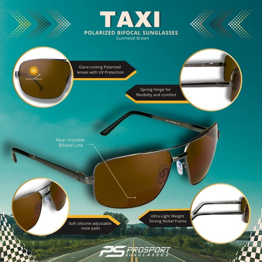proSPORT Polarized Bifocal Sunglass Reader Aviator Gunmetal Brown Lens Men Women with Hard Case
