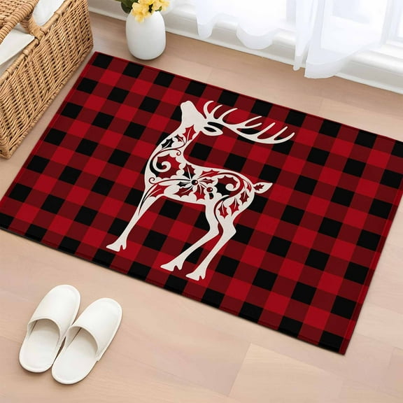 Red Black Plaid Christmas Bathroom Rug Washable 2x3 Entryway Rug Non Slip Abstract Xmas Deer Winter Front Door Mat Low Pile Indoor Doormat Throw Floor Carpet for Kitchen Bedroom Entrance