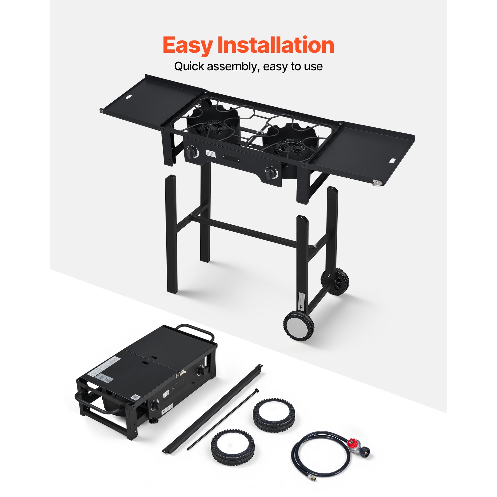 KFFKFF 2-Burner Outdoor Propane Gas Stove, 150,000 BTU LPG Camping Cooker, Foldable Heavy-Duty Carbon Steel Design with Wheels, Shield, and 20 PSI Regulator, Ideal for BBQs, Camping,and Patio Cooking