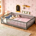 thumbnail image 6 of Full Floor Bed with Fence, Montessori Floor Bed with Removable Door & Slats, Full Size Floor Bed with Safety Guardrails, Easy Assemble Floor Bed Full, Sloid Wood Montessori Bed, Wood Grain Gray, 6 of 11
