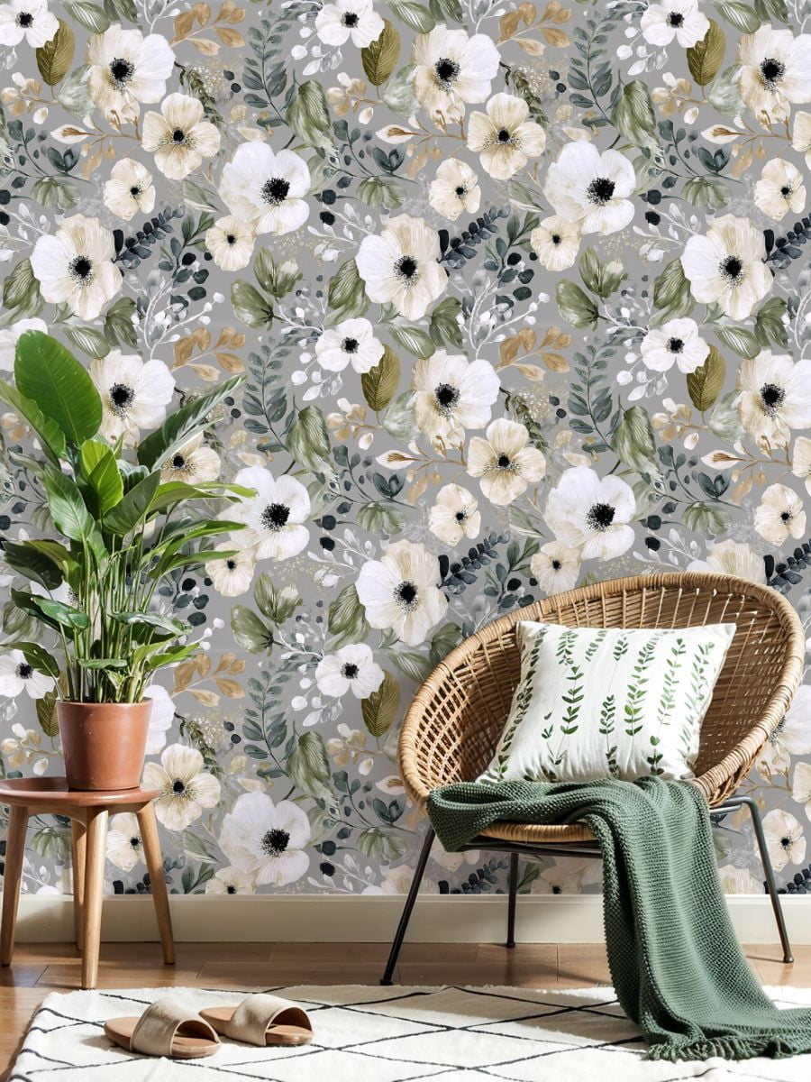 Peel and Stick Wallpaper 23.6in x 9.8ft Floral White Anemones Greenery Soft Gold Accents Grey Contact Paper Vinyl Self-Adhesive Removable Wall Paper for Bedroom Kitchen Cabinet Renter Friendly