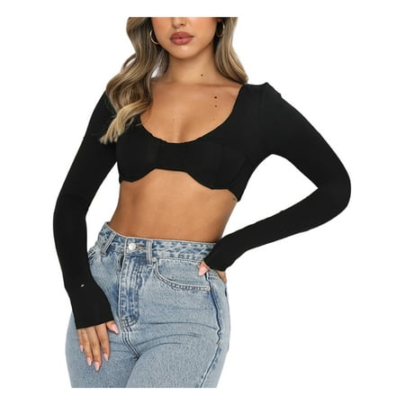 

Kiapeise Women Square Neck Long Sleeve Crop Tops Bustier Cropped Shirt Blouse Slim Fitting Ribbed Knit Tops