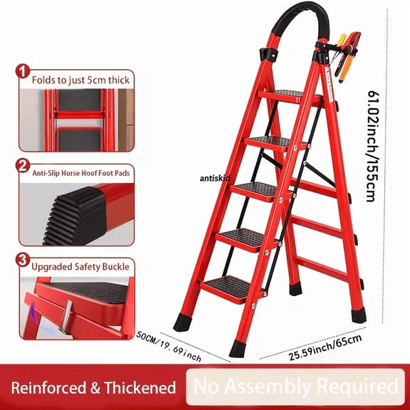 Heavy folding 3/4/5 ladder -500 pound load capacity, anti slip wide steps, safety lock design, portable ladder for household, kitchen, garage, office use, easy to store and stable climbing platform