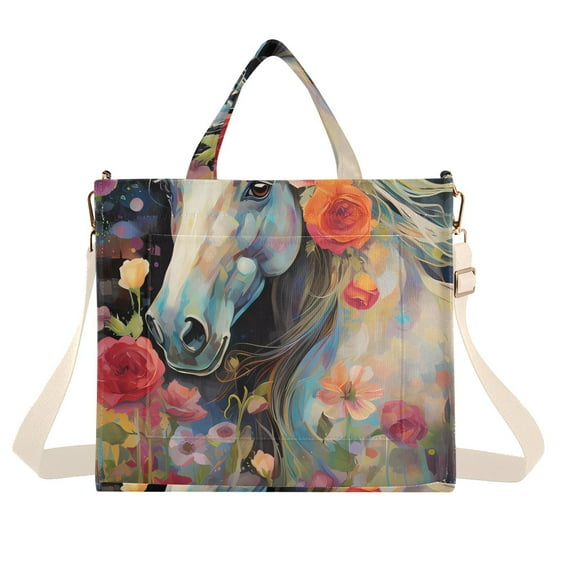 White Horse and Flowers Corduroy Tote Bag Handbag Large Messenger Bag Shoulder Crossbody Zipper Bag Purse