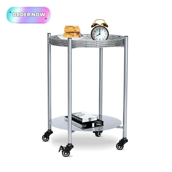 Tcbosik 2-Tie Side Table, Modern End Table with Wheels, 15.7" Round Nightstand with Open Shelf for Small Space, Living Room, Bedroom, Silver Grey