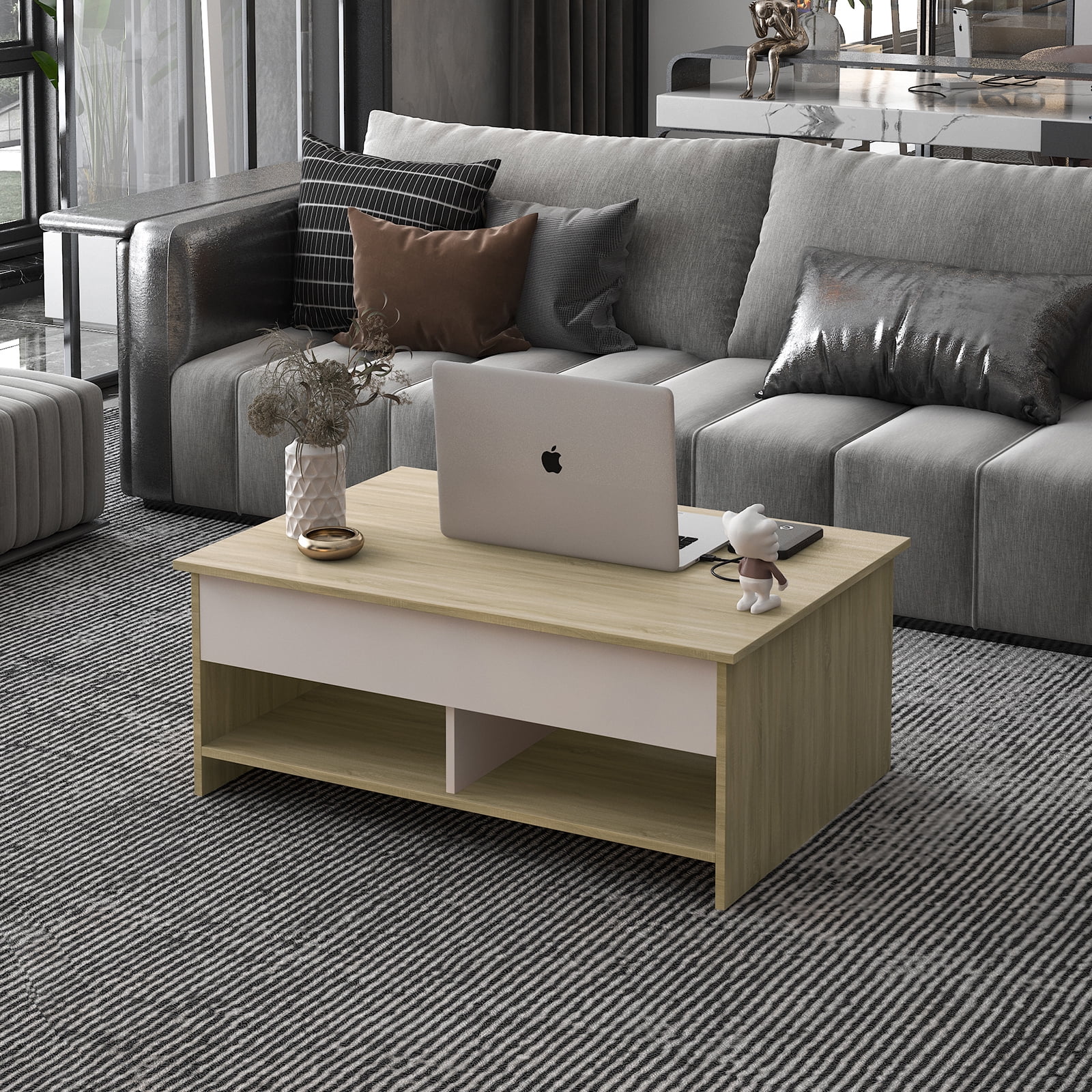 Resenkos Lift Top Coffee Table w/Hidden Storage Compartment & 2 Open Shelves for Living Room Office,Oak Color