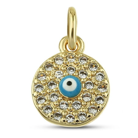 Blue Evil Eye Charm, 15 mm - Yellow Gold Plated Brass Charm with Cubic Zirconia Crystals - Good Luck Charm for Bracelets - Dainty Charm Jewelry Gift for Women and Girls