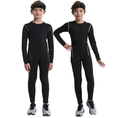 GYRATEDREAM 2 Pack Boys Compression Set Base Layer Athletic Leggings Kids Sports Shirts and Pant 2 Pcs Underwear 4-10T