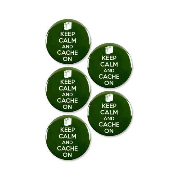 5 Pack - Keep Calm And Cache On Geocaching Pinback Buttons - 2.25 Inch