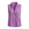 thumbnail image 4 of aohooy Womens Sleeveless V Neck Shirts Cotton Linen Oblique Button Decorate Blouse Loose Collared Work Tank Tops with Flap Pocket Purple,L, 4 of 8