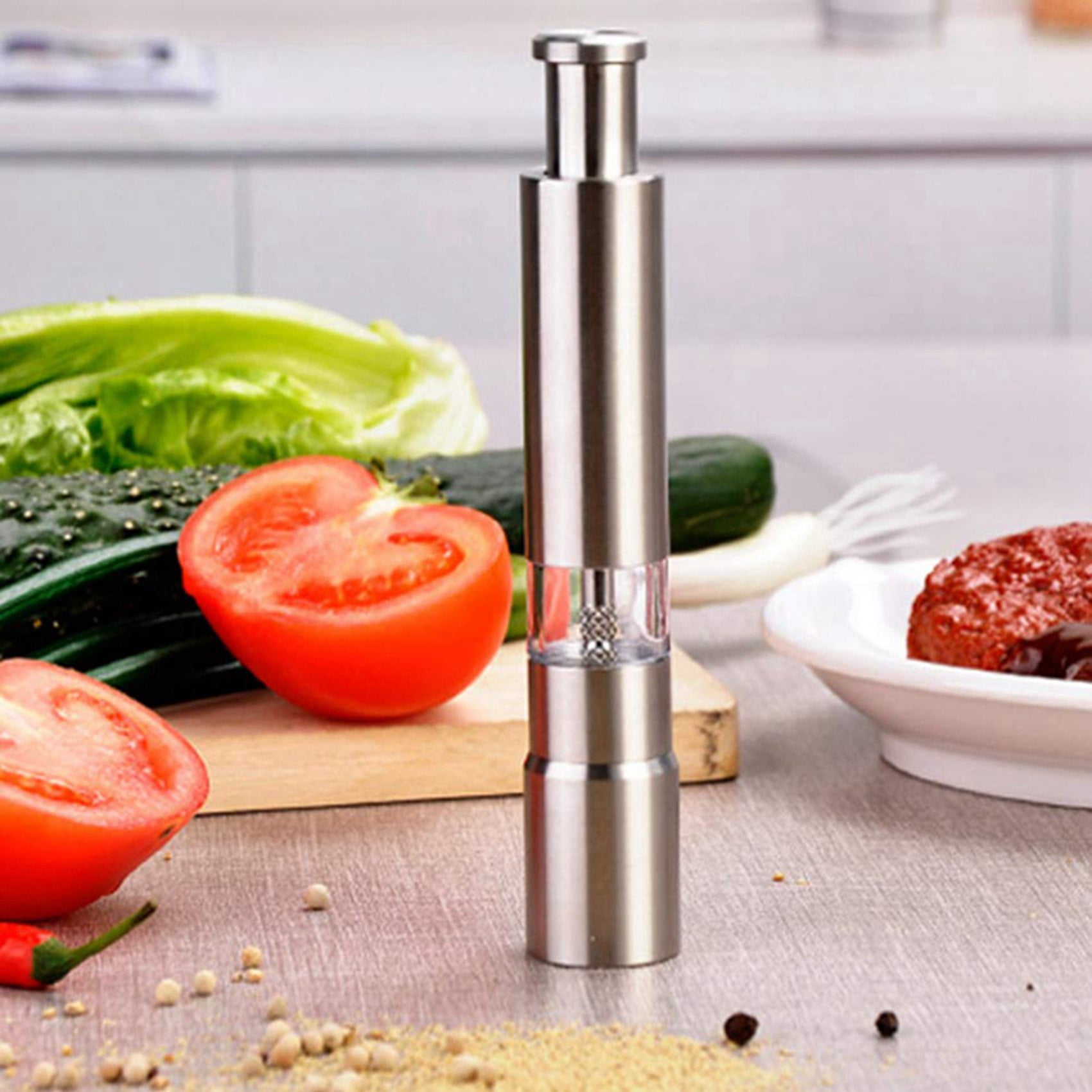 Salt and Pepper Mill Set, Stainless Steel Salt and Pepper Grinder One Hand Operation Salt and Pepper Mill 4 Pack