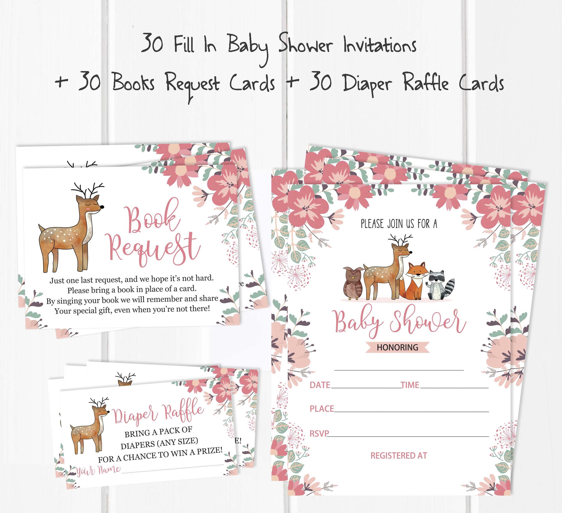 Inkdotpot Set Of 30AnimalsBaby Shower Invitations-Diaper Raffle Tickets And Baby Shower Book Request Cards-Gender Neutral Invites-Its A Boy-Its A Girl
