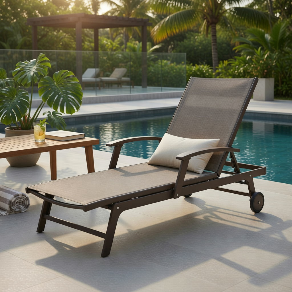 Hommoo Foldable Outdoor Chaise Lounge Chair with Adjustable Backrest & Footrest, Steel Frame for Patio, Poolside & Garden, Brown