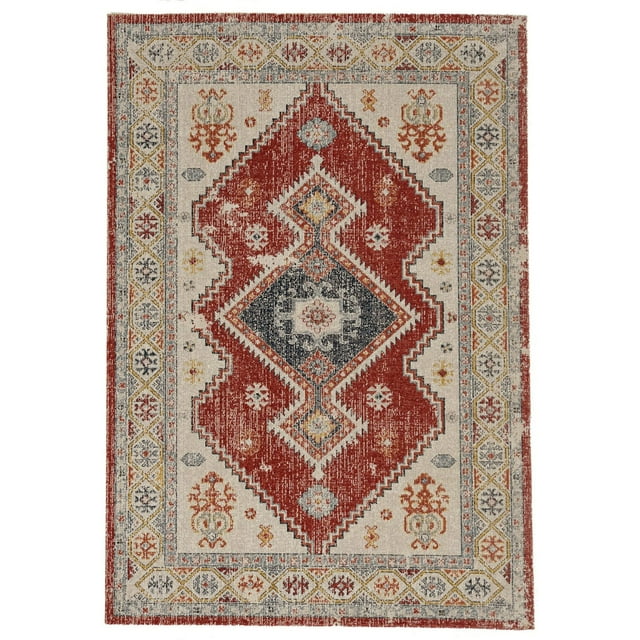 Great Zero Koble ivory and rust 3 by 5 feet accent rug featuring a central diamond medallion with intricate geometric and floral motifs.