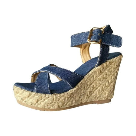 

Stamzod Wedge Sandals for Women Denim Slippers Fish Beak Grass Woven One Line Buckle Sloping Heel Sandals Clearance