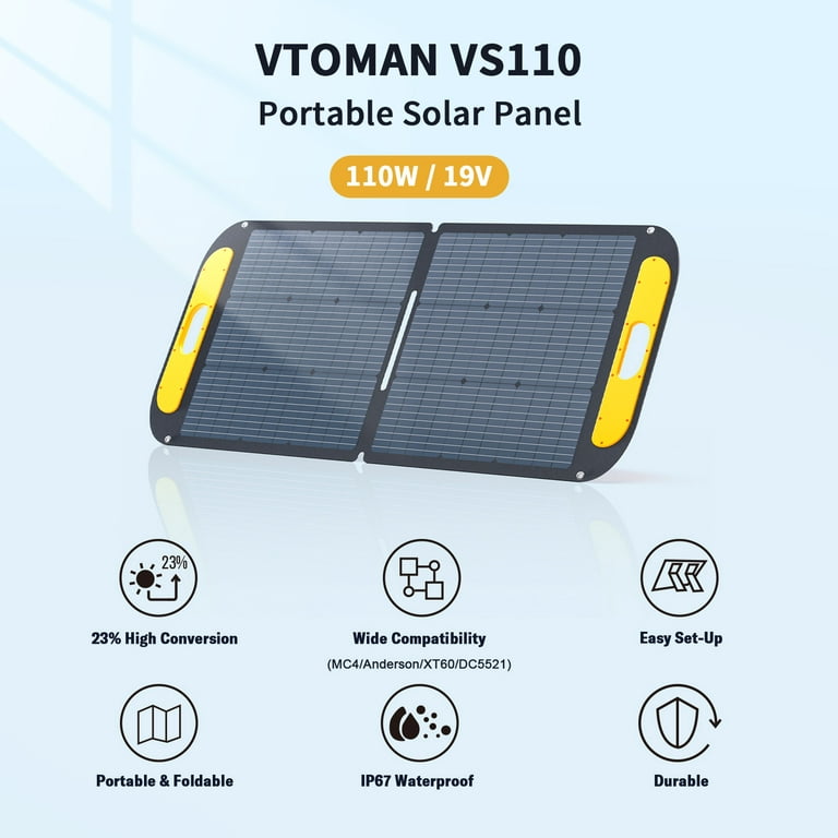 Vtoman Vs110 Portable Solar Panel 110W,19V Foldable Solar Panel with 23%  High Efficiency,IP67 Waterproof & MC4 Anderson XT60 DC5521 Adapters &  Adjustable Kickstands for Home & Camping 