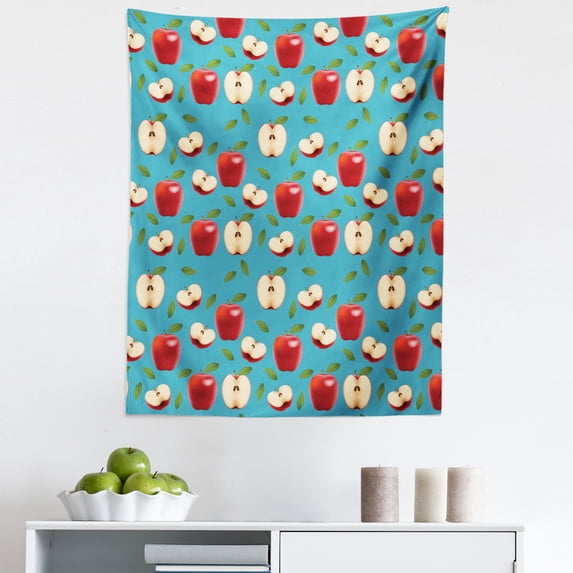 Fruits Tapestry, Halved and Whole Red Delicious Apples on Abstract Background Healthy Choices, Fabric Wall Hanging Decor for Bedroom Living Room Dorm, 5 Sizes, Cream Blue Ruby, by Ambesonne