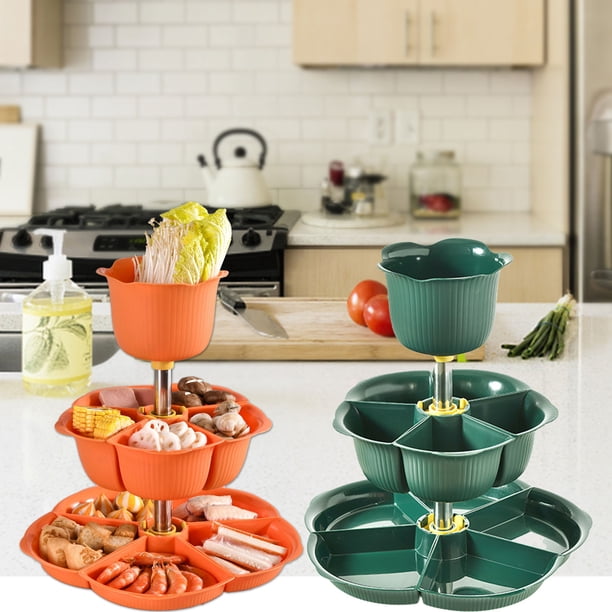 Bandeja coladora giratoria con rejillas para servir aperitivos, frutas, postres y mucho más. Ideal para fiestas. Fabricada en plástico resistente, con múltiples capas para un almacenamiento
