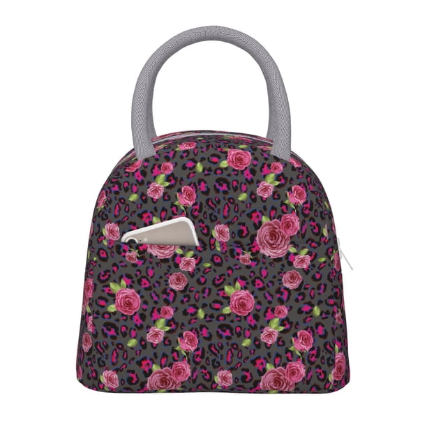 Fotbe Rose Mix Leopard 2 Bolsa de Almuerzo con Estampado, Lonchera Aislada, Contenedor de Comida Reutilizable Tipo Cooler a Prueba de Fugas